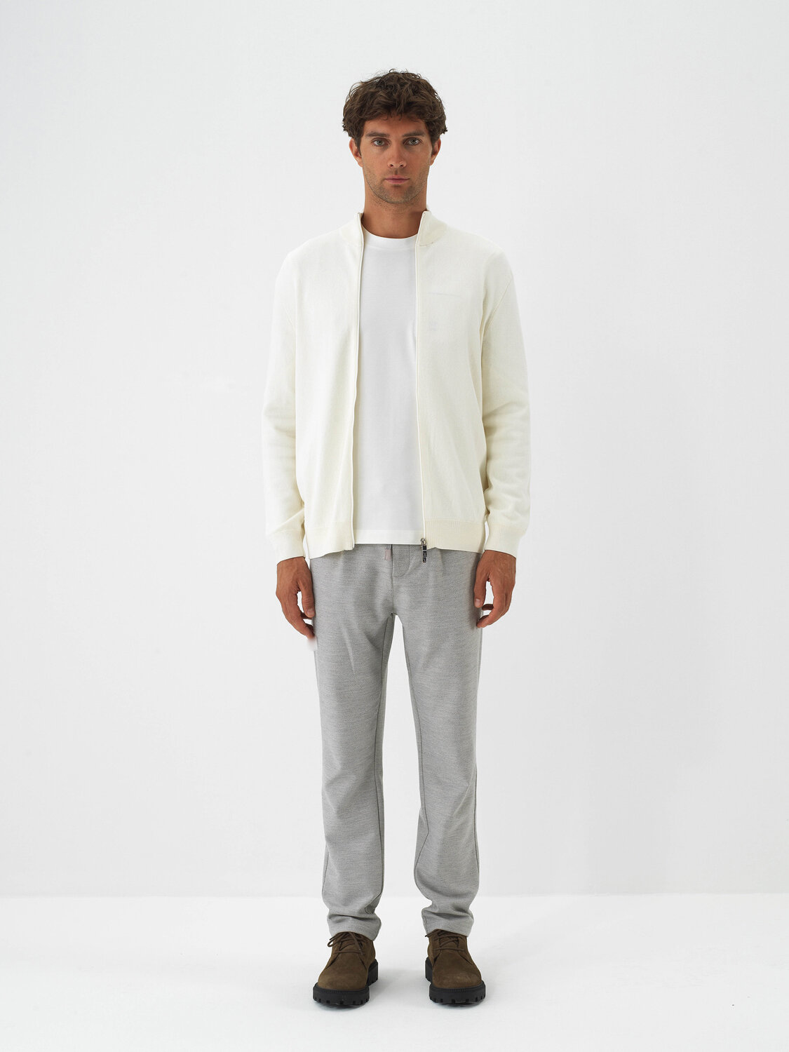 Ecru Cotton Textured Regular Fit Cardigan - Xint