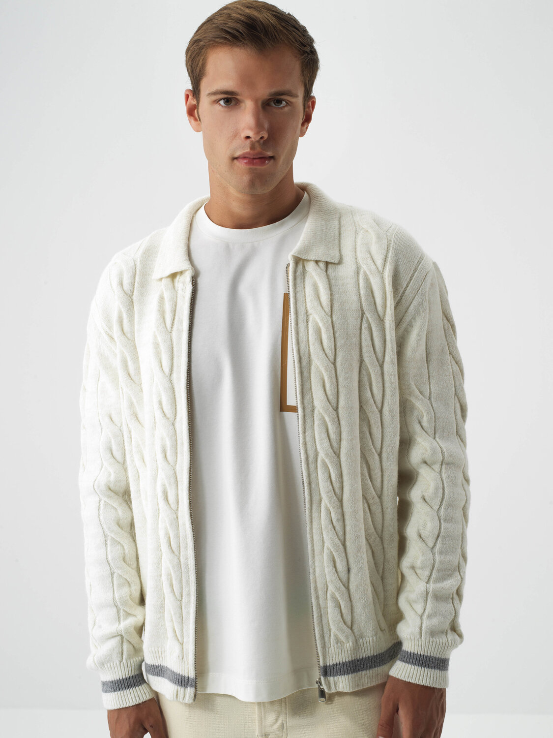 Ecru Natural Wool Textured Regular Fit Cardigan - Xint