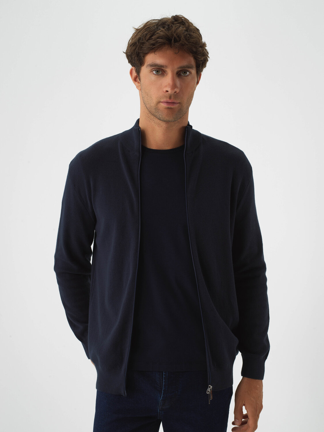 Navy Blue Cotton Textured Regular Fit Cardigan - Xint