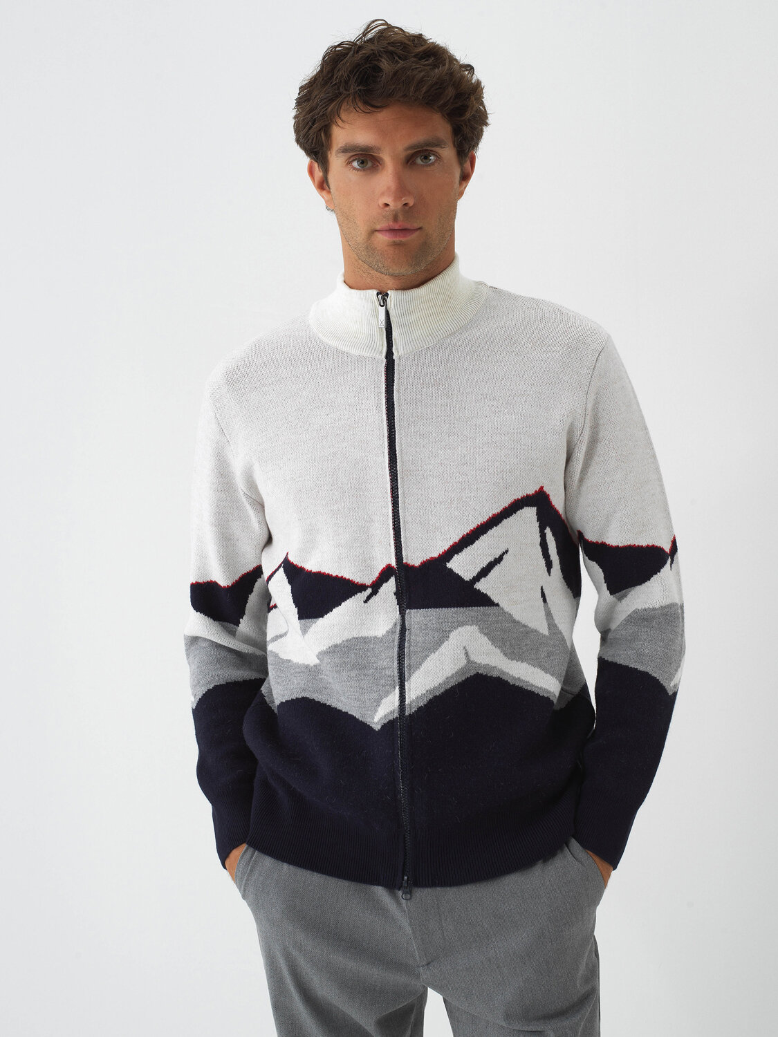 Navy Blue Natural Wool Textured Regular Fit Cardigan - Xint