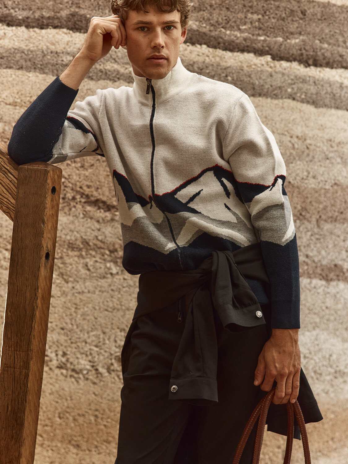 Navy Blue Natural Wool Textured Regular Fit Cardigan - Xint