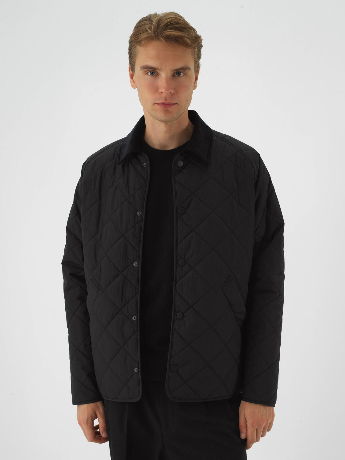 Black Quilted Textured Regular Fit Coat