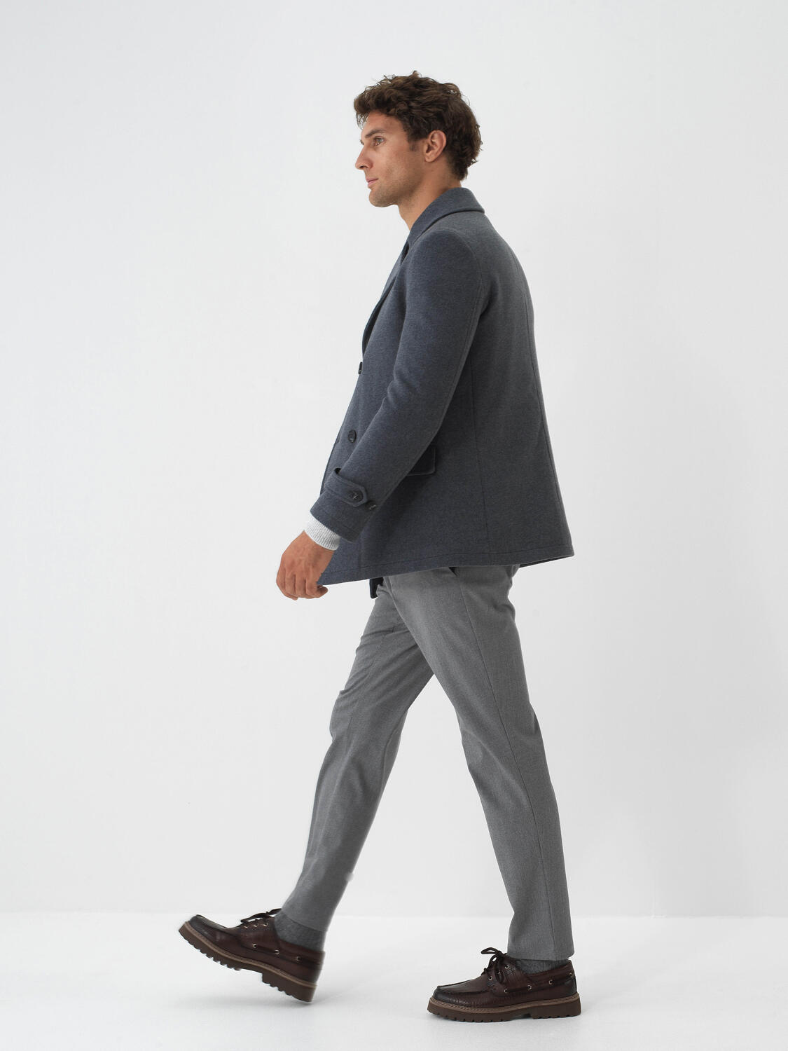 Gray Natural Wool Textured Regular Fit Coat - 3