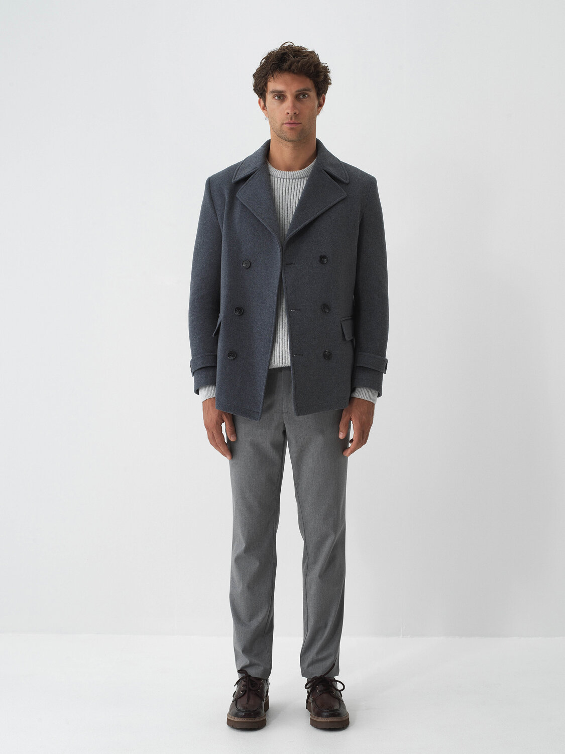 Gray Natural Wool Textured Regular Fit Coat - Xint