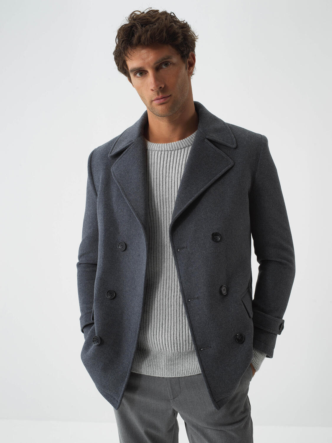 Gray Natural Wool Textured Regular Fit Coat - 2