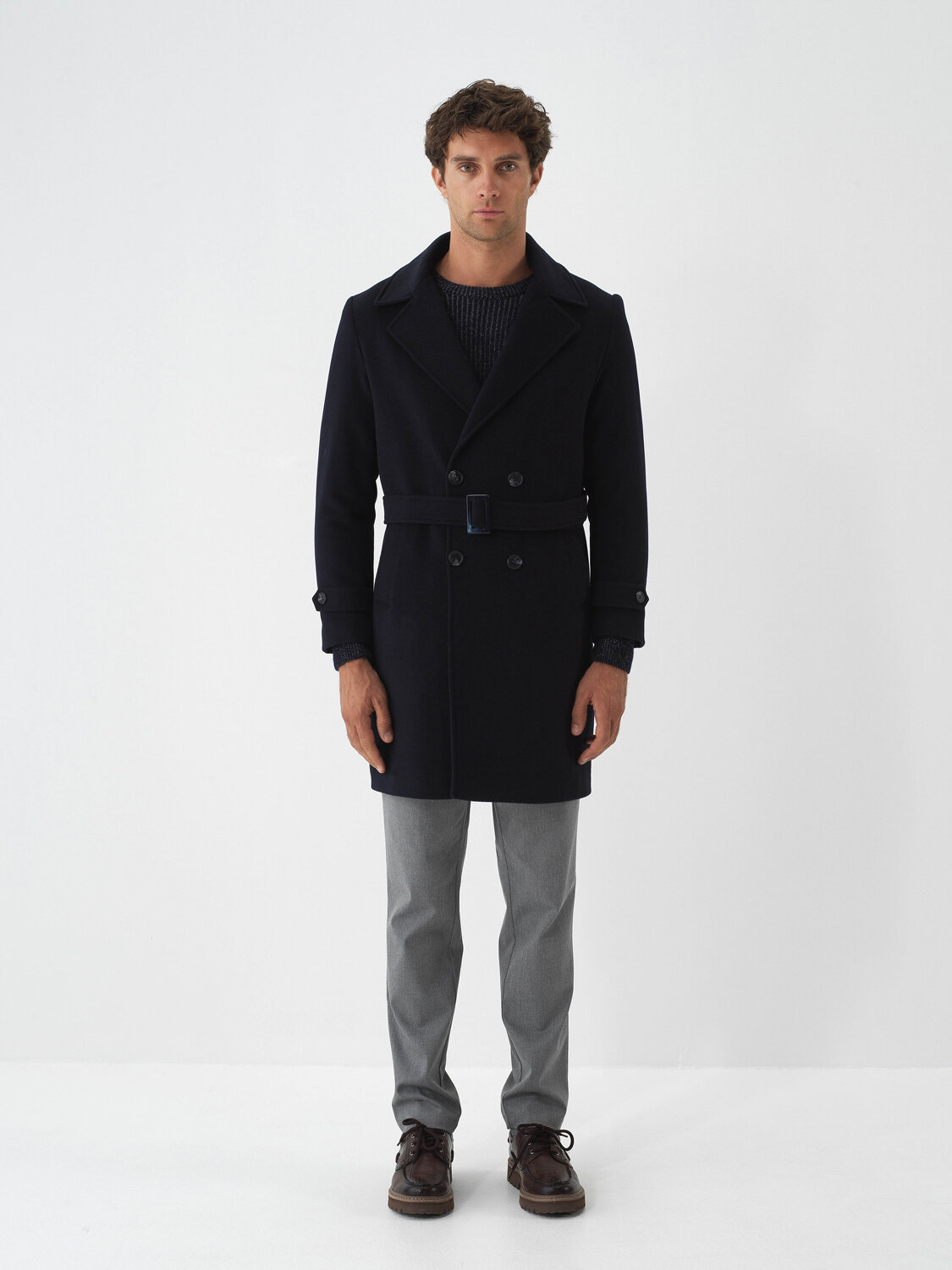 Navy Blue Natural Wool Textured Regular Fit Coat - Xint