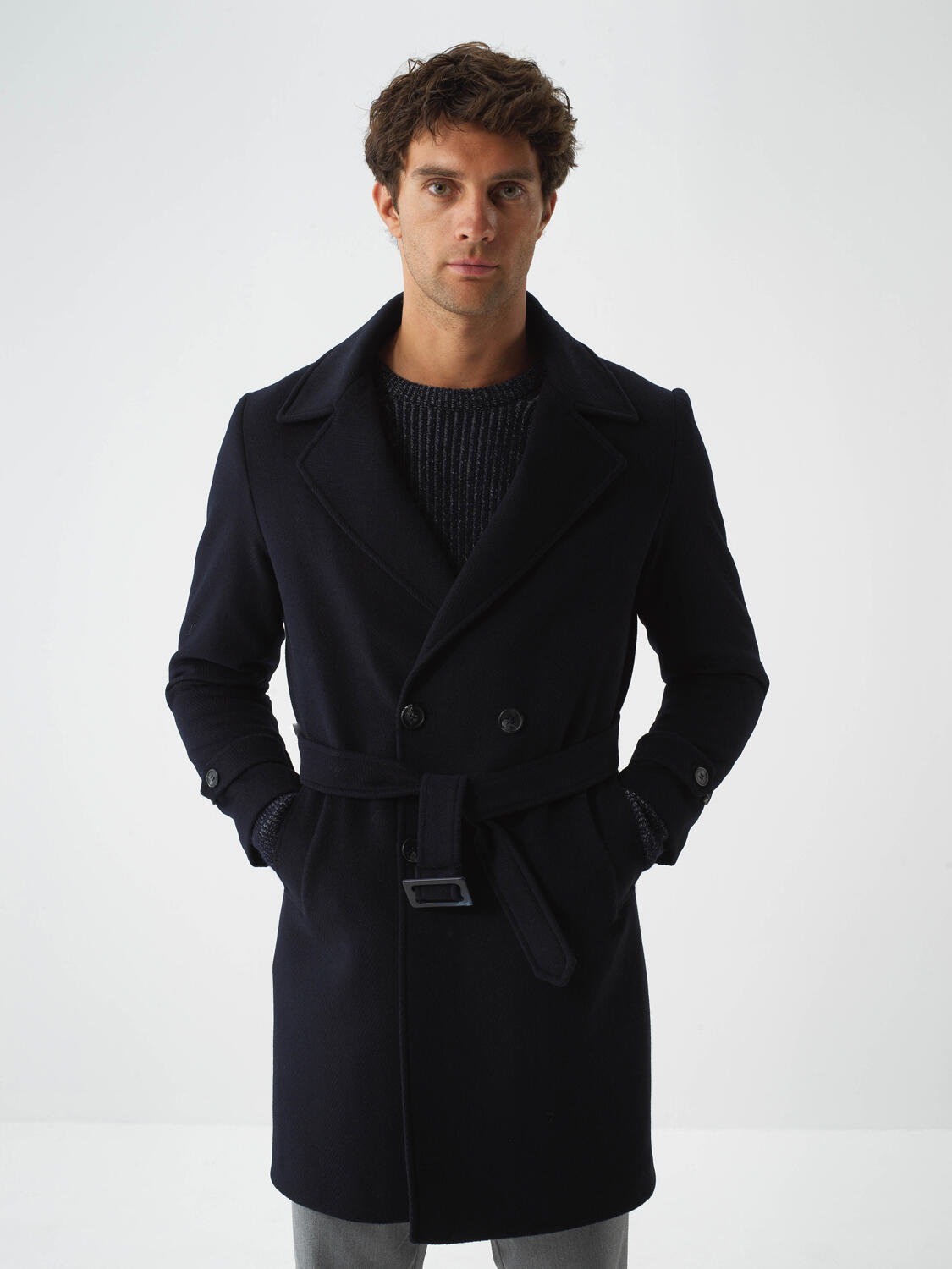 Navy Blue Natural Wool Textured Regular Fit Coat - 2
