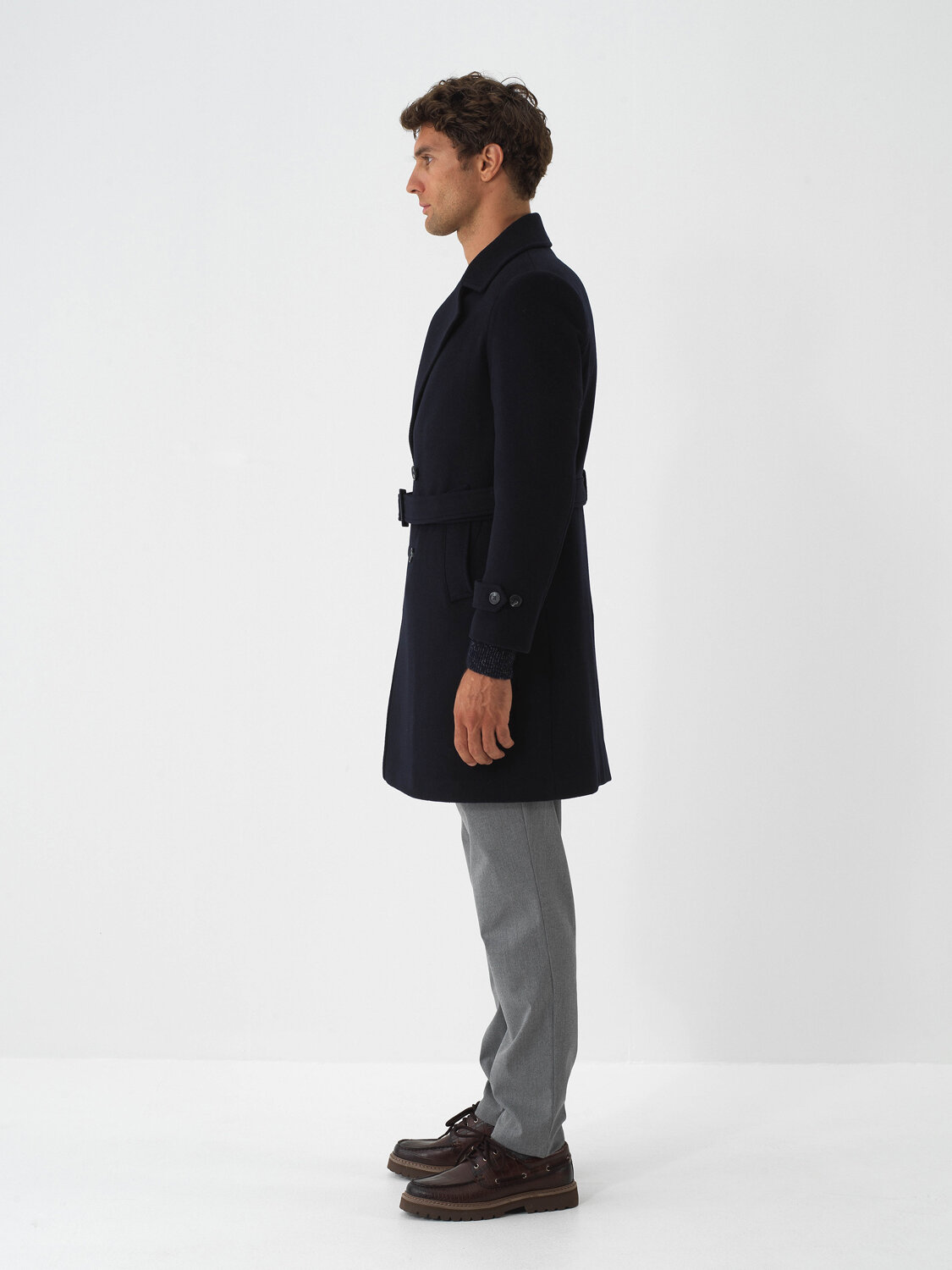 Navy Blue Natural Wool Textured Regular Fit Coat - Xint