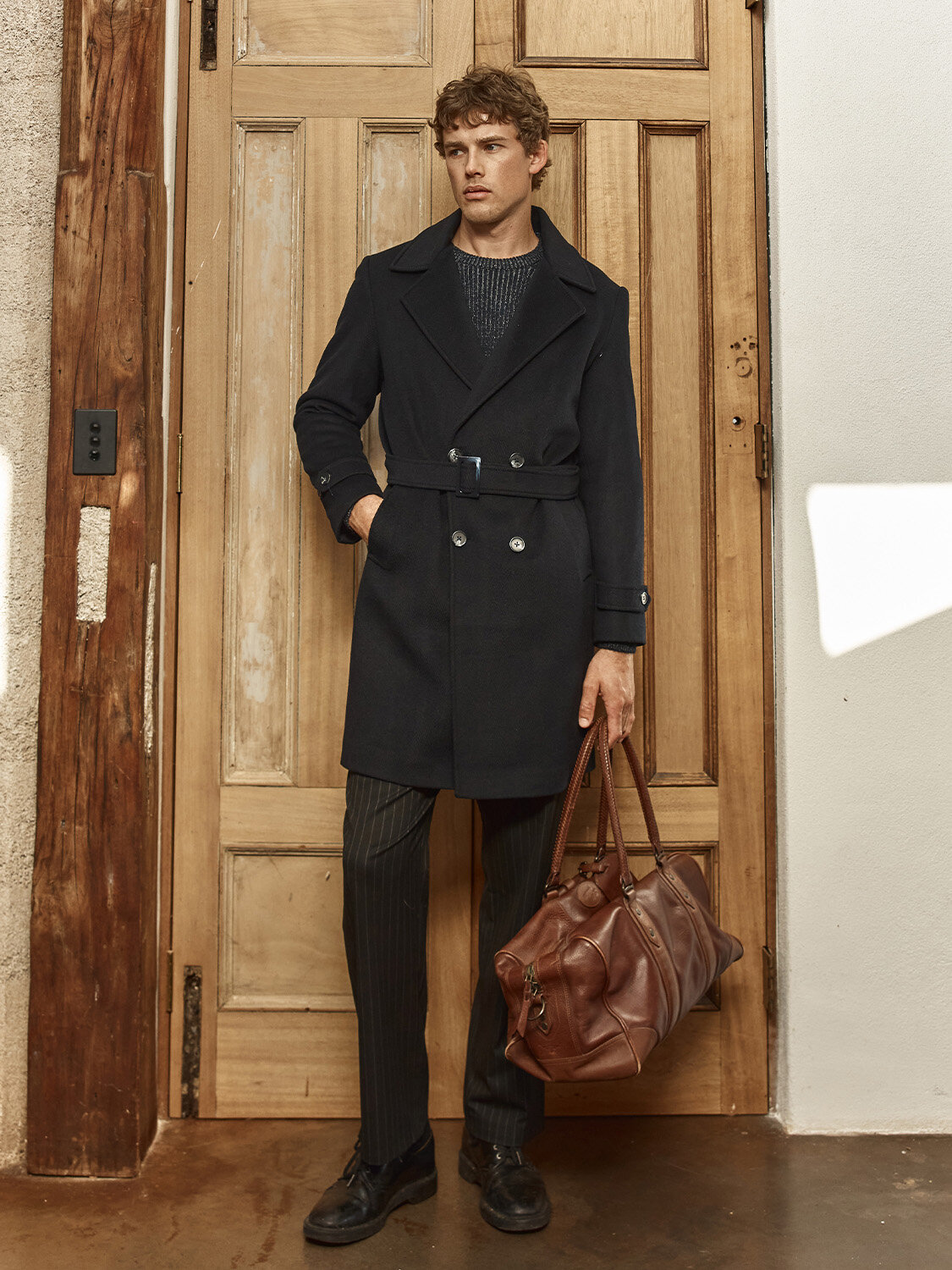 Navy Blue Natural Wool Textured Regular Fit Coat - Xint