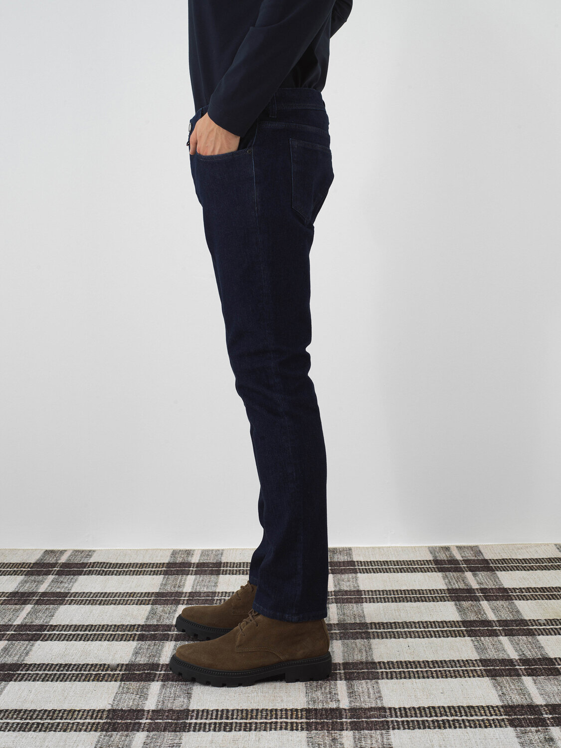 Navy Blue Cotton Textured Slim Fit Denim Trousers - Xint