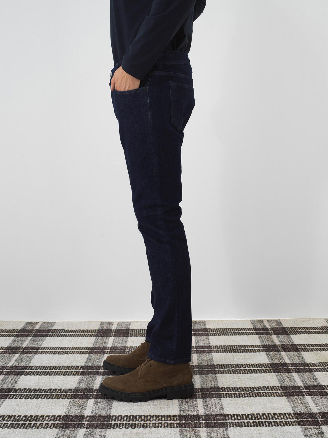 Navy Blue Cotton Textured Slim Fit Denim Trousers - 3