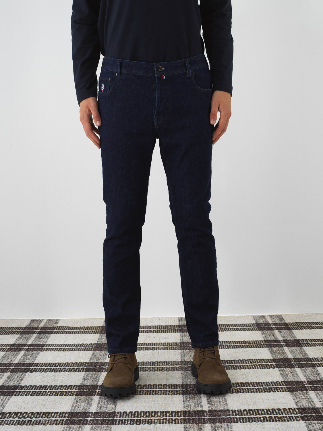 Navy Blue Cotton Textured Slim Fit Denim Trousers - Xint