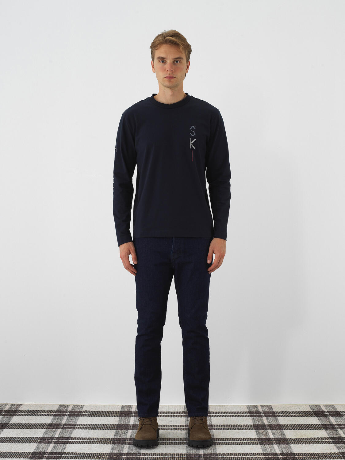 Navy Blue Cotton Textured Slim Fit Denim Trousers - 2