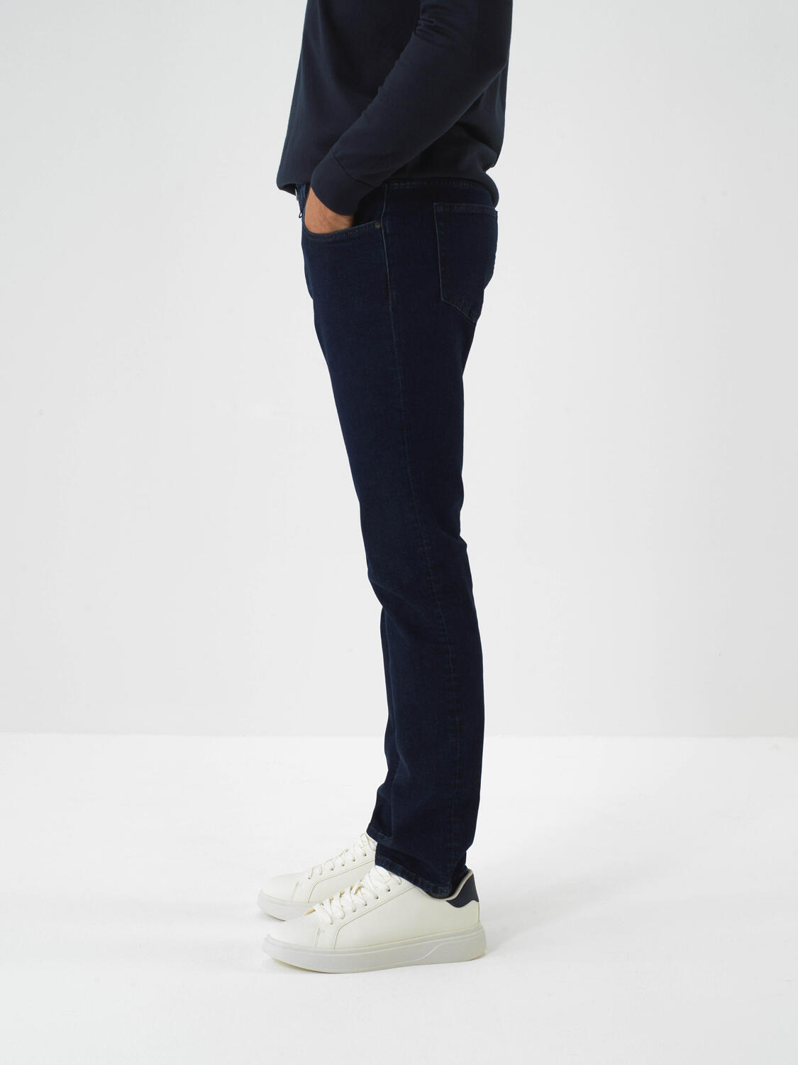Navy Blue Cotton Textured Slim Fit Denim Trousers - 3