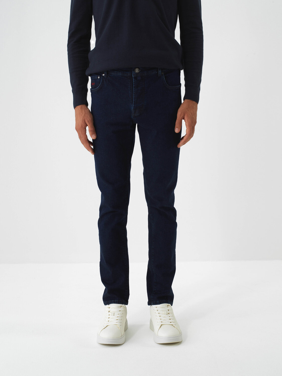 Navy Blue Cotton Textured Slim Fit Denim Trousers - Xint