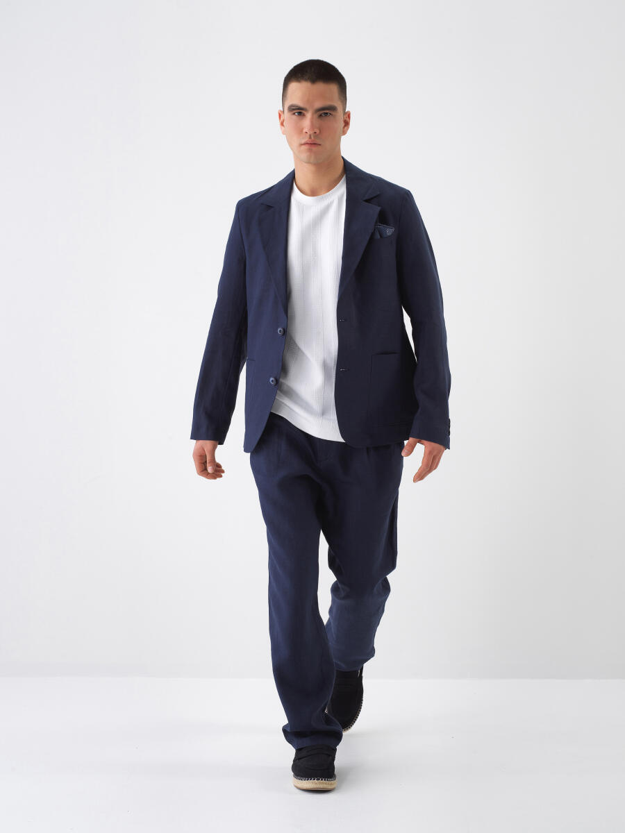 Navy Blue Regular Fit Linen Jacket - 2