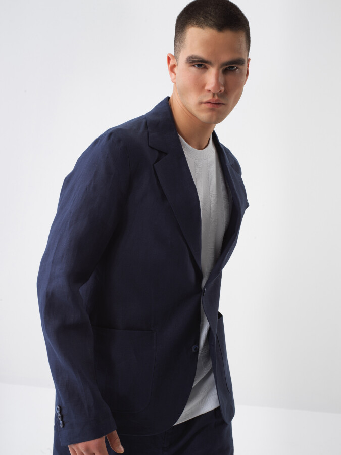 Navy Blue Regular Fit Linen Jacket - 1