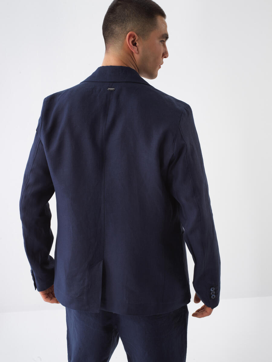 Navy Blue Regular Fit Linen Jacket - 4