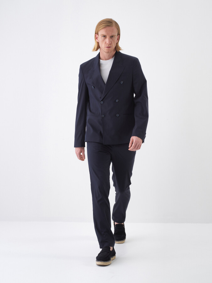 Navy Blue Regular Fit Lyocell Jacket - 2