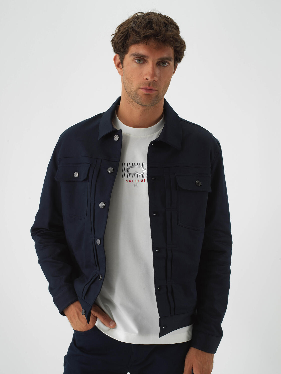 Navy Blue Cotton Textured Regular Fit Jacket