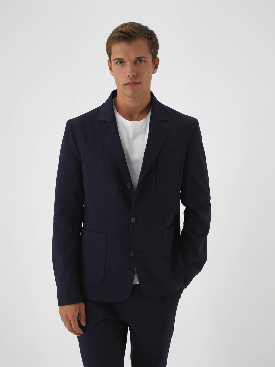 Navy Blue Cotton Textured Regular Fit Jacket