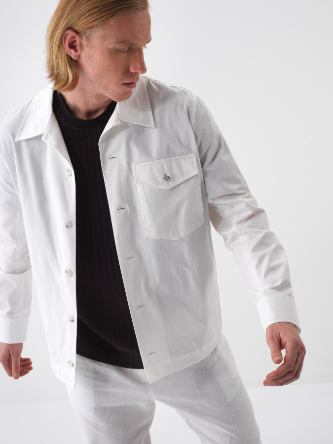 White Regular Fit Cotton Jacket - 1