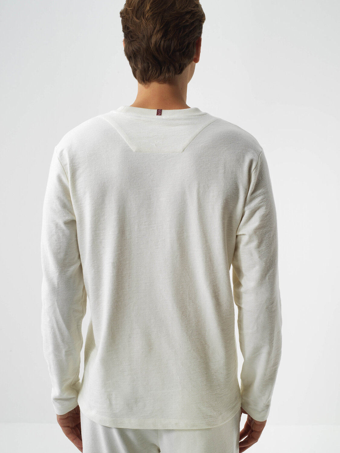 Ecru Cotton Textured Regular Fit Long Sleeve T-Shirt - Xint