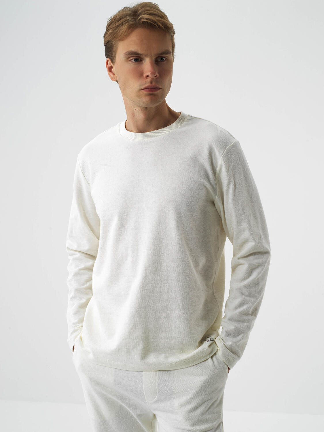 Ecru Cotton Textured Regular Fit Long Sleeve T-Shirt