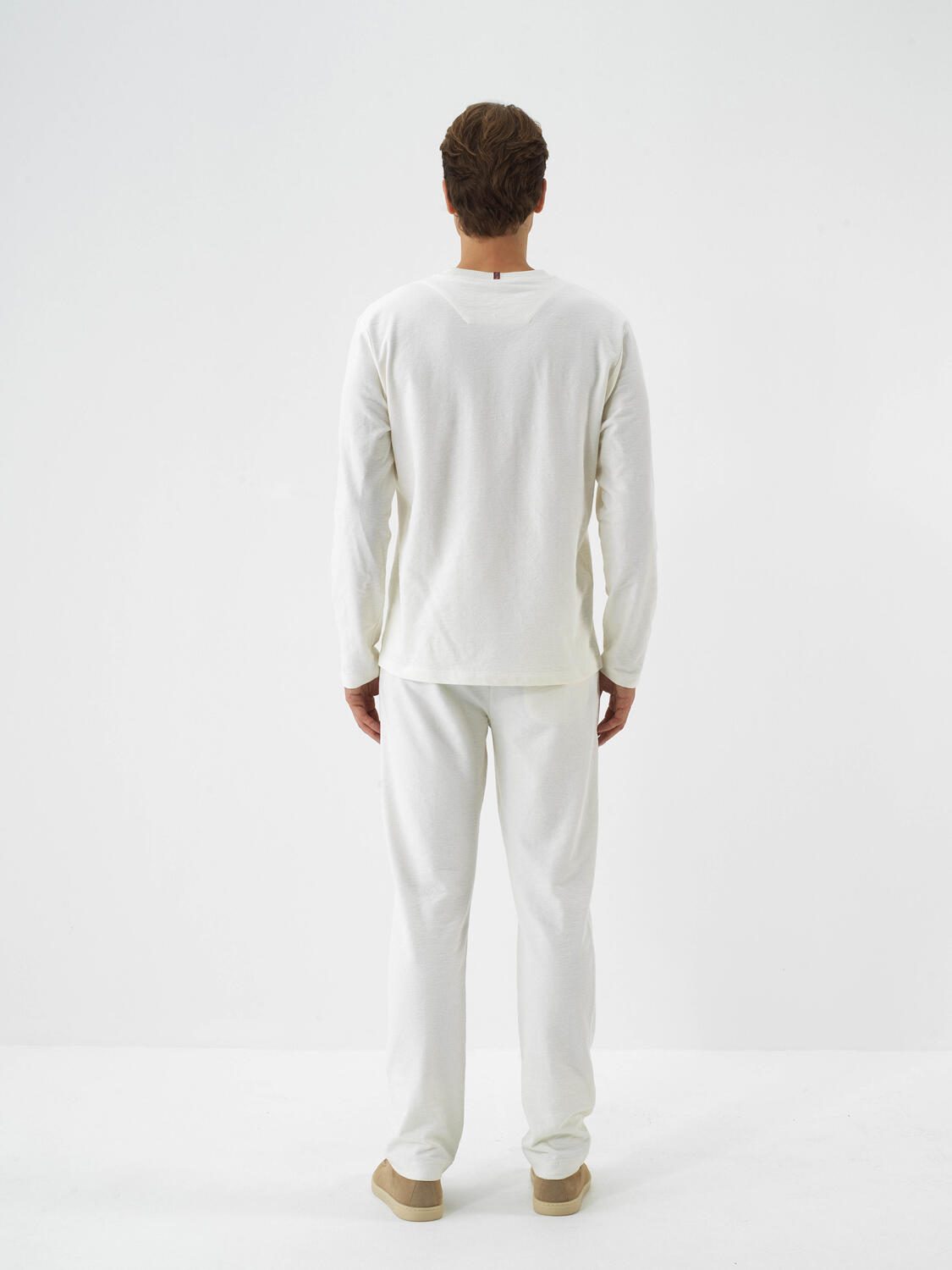 Ecru Cotton Textured Regular Fit Long Sleeve T-Shirt - 5