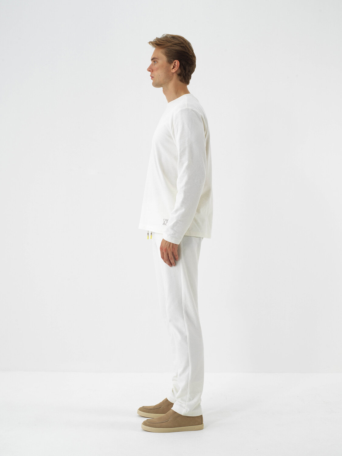 Ecru Cotton Textured Regular Fit Long Sleeve T-Shirt - Xint