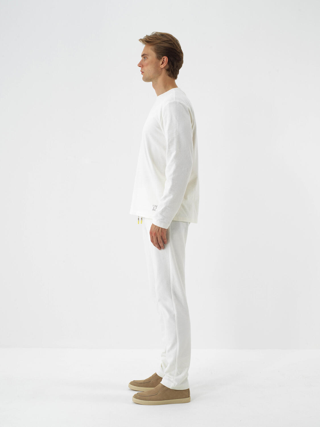 Ecru Cotton Textured Regular Fit Long Sleeve T-Shirt - 3