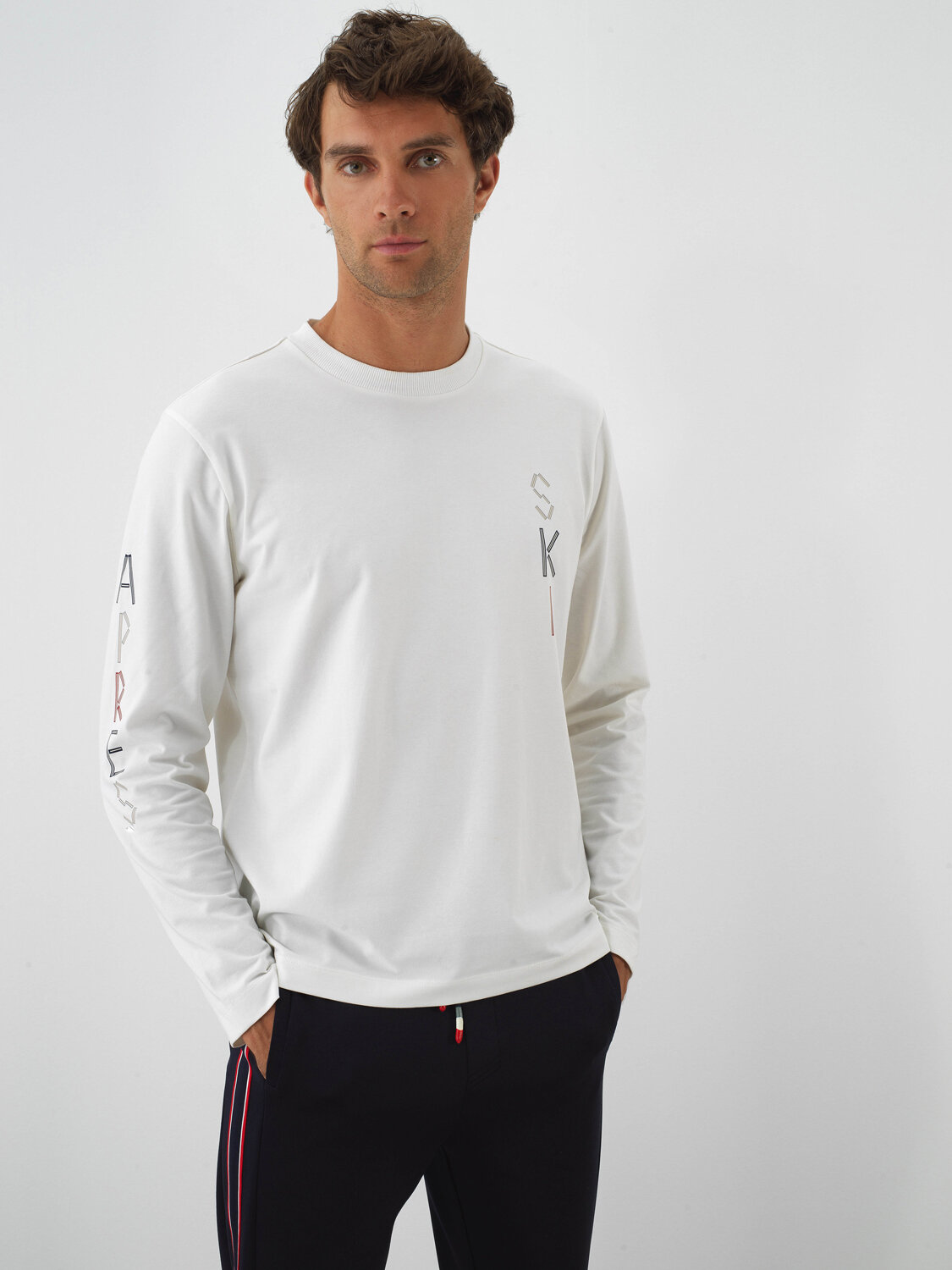 Ecru Cotton Textured Regular Fit Long Sleeve T-Shirt - Xint