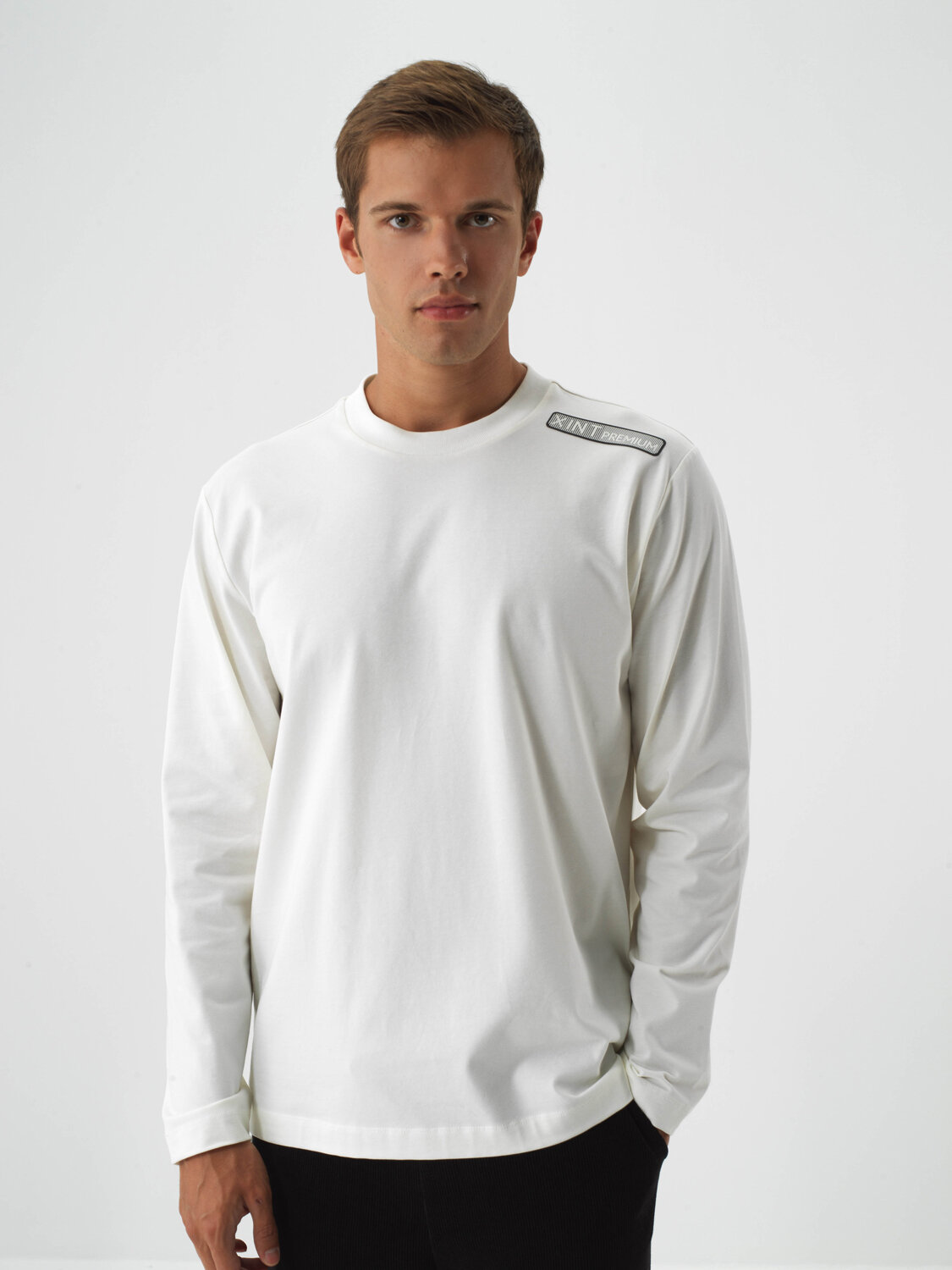 Ecru Cotton Textured Regular Fit Long Sleeve T-Shirt - Xint