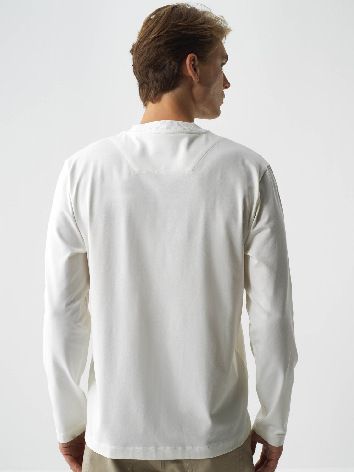 Ecru Cotton Textured Regular Fit Long Sleeve T-Shirt - Xint