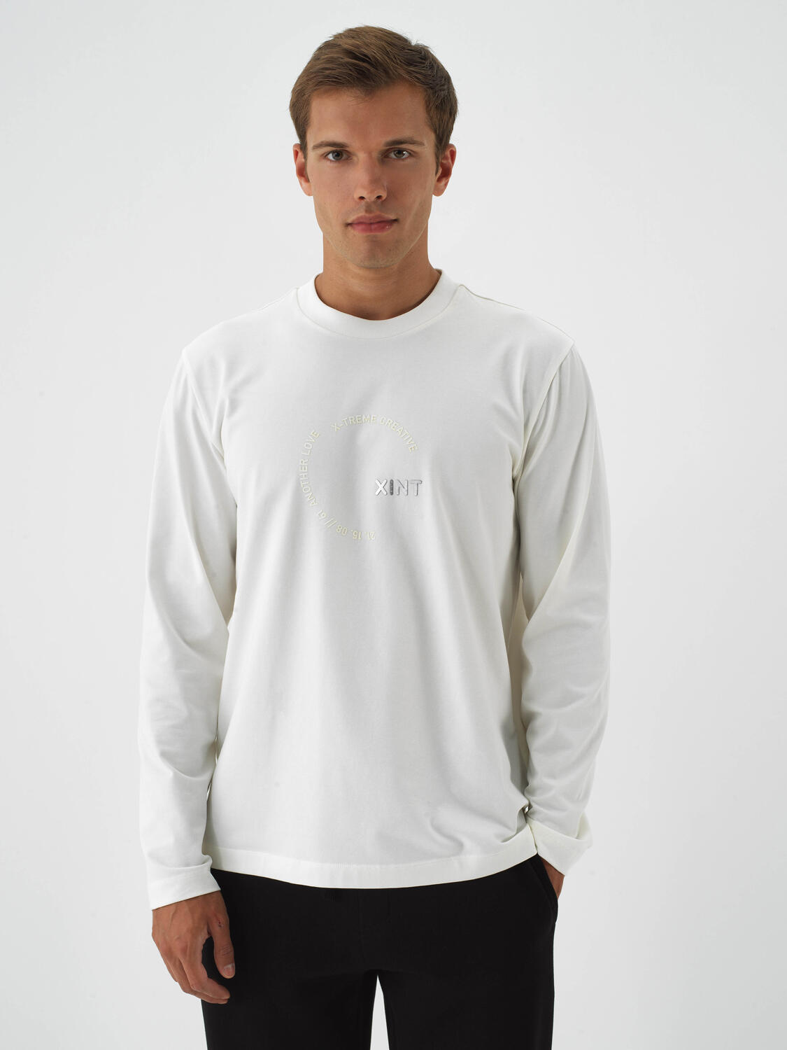 Ecru Cotton Textured Regular Fit Long Sleeve T-Shirt