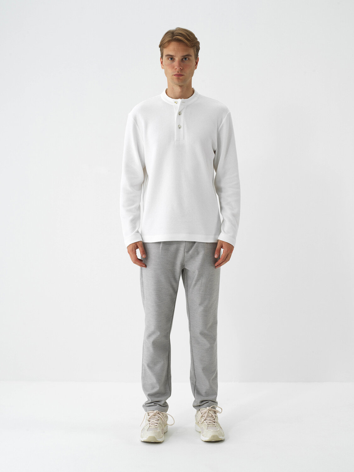 Ecru Cotton Textured Regular Fit Long Sleeve T-Shirt - Xint