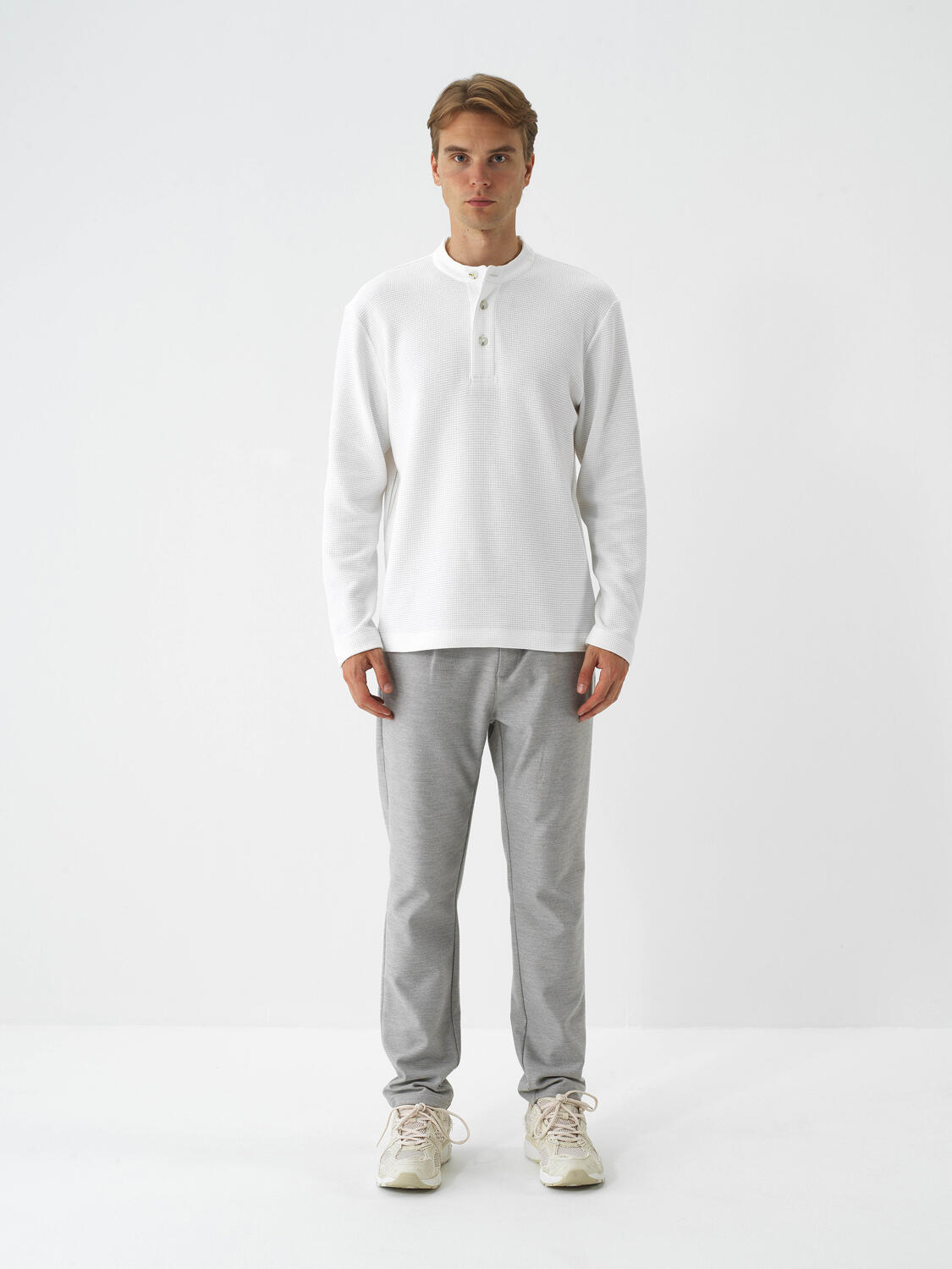 Ecru Cotton Textured Regular Fit Long Sleeve T-Shirt - 5