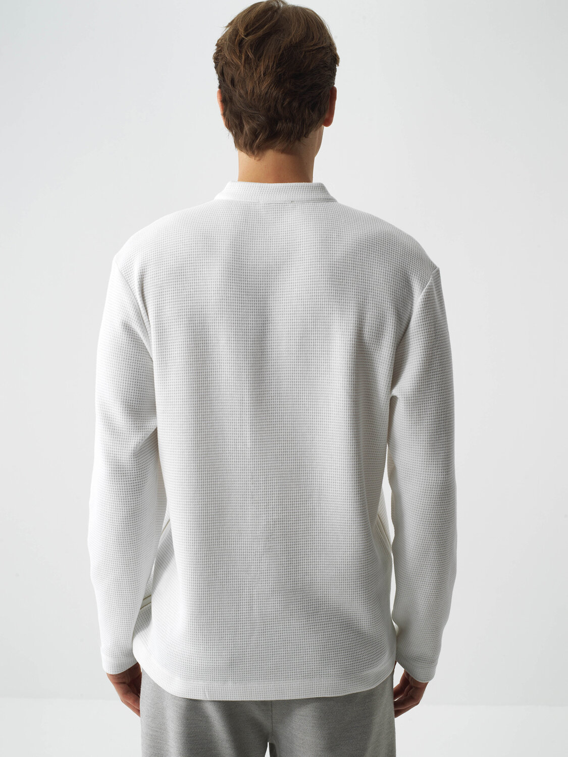 Ecru Cotton Textured Regular Fit Long Sleeve T-Shirt - Xint