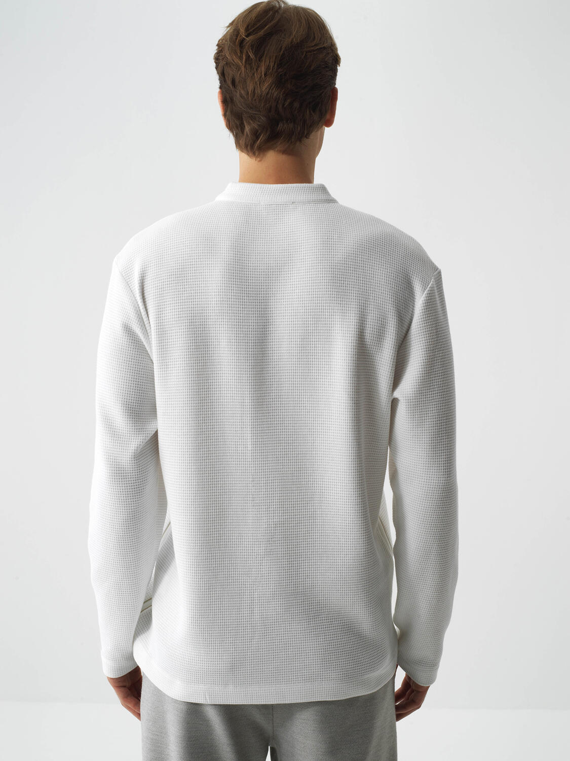 Ecru Cotton Textured Regular Fit Long Sleeve T-Shirt - 3