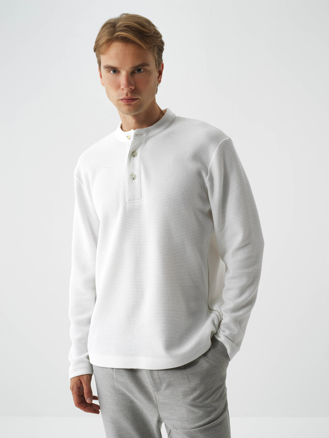 Ecru Cotton Textured Regular Fit Long Sleeve T-Shirt - Xint
