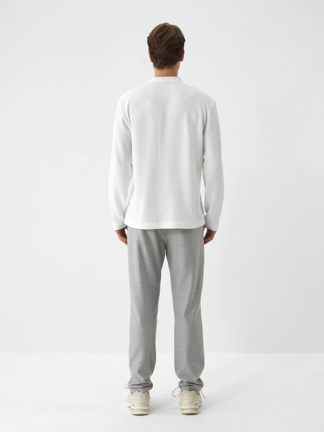 Ecru Cotton Textured Regular Fit Long Sleeve T-Shirt - 4