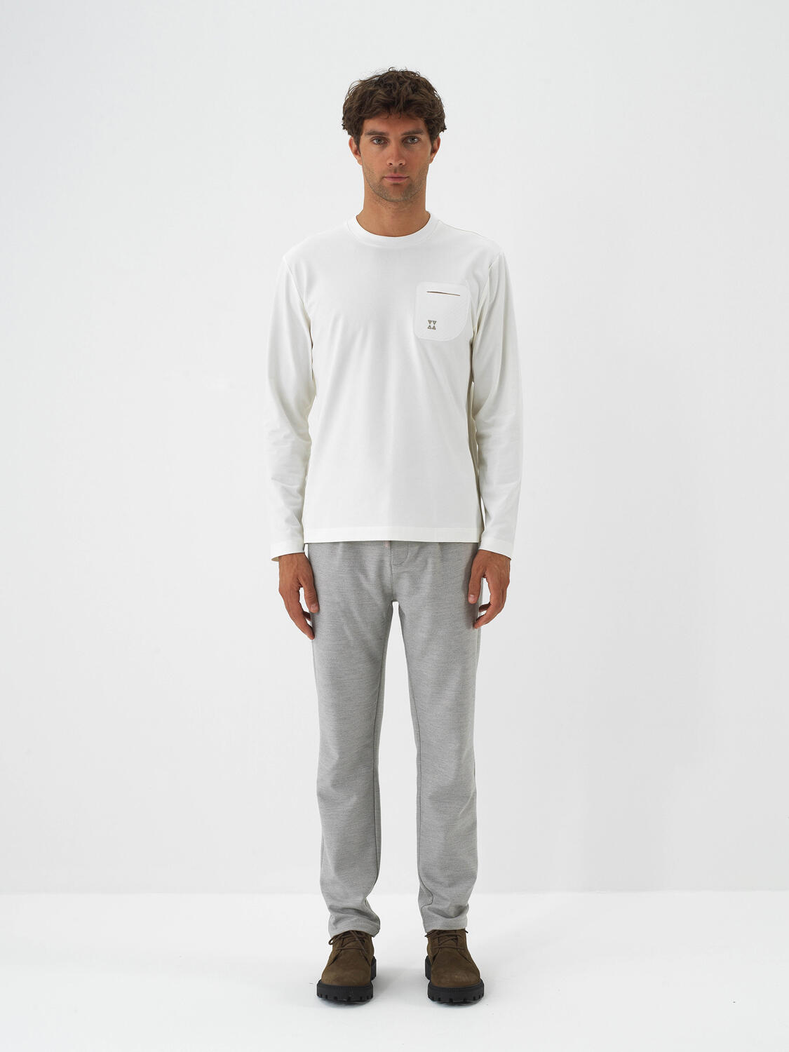 Ecru Cotton Textured Regular Fit Long Sleeve T-Shirt - 2