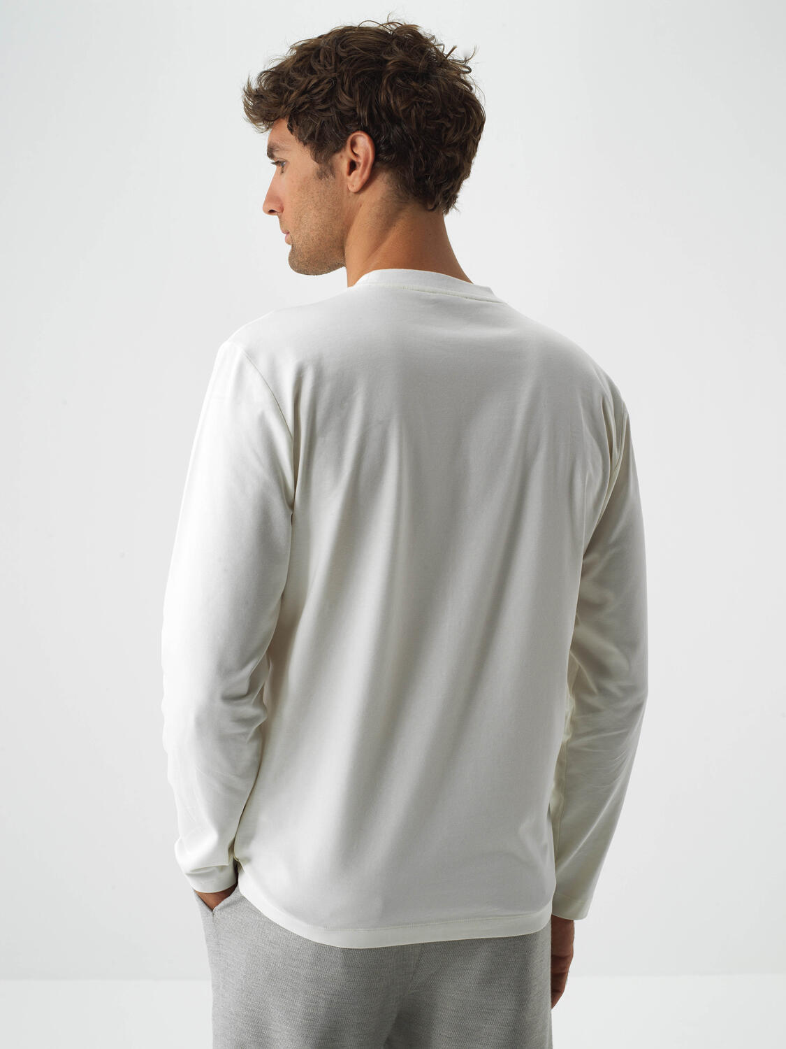Ecru Cotton Textured Regular Fit Long Sleeve T-Shirt - 4