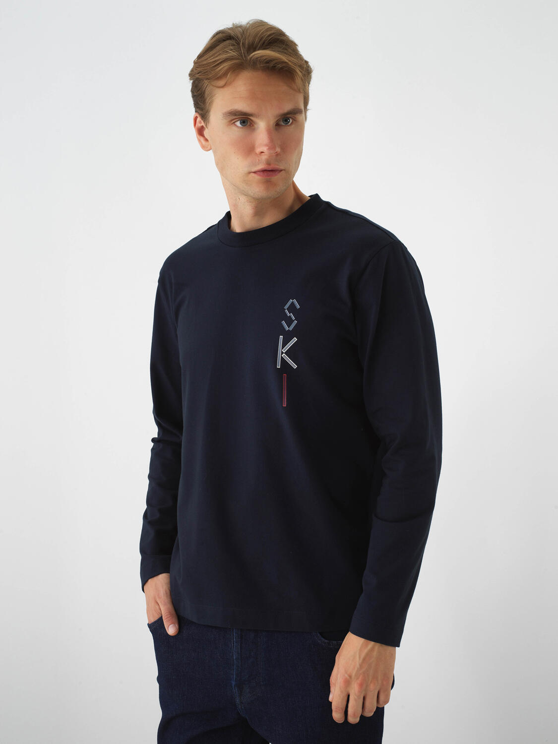 Navy Blue Cotton Textured Regular Fit Long Sleeve T-Shirt
