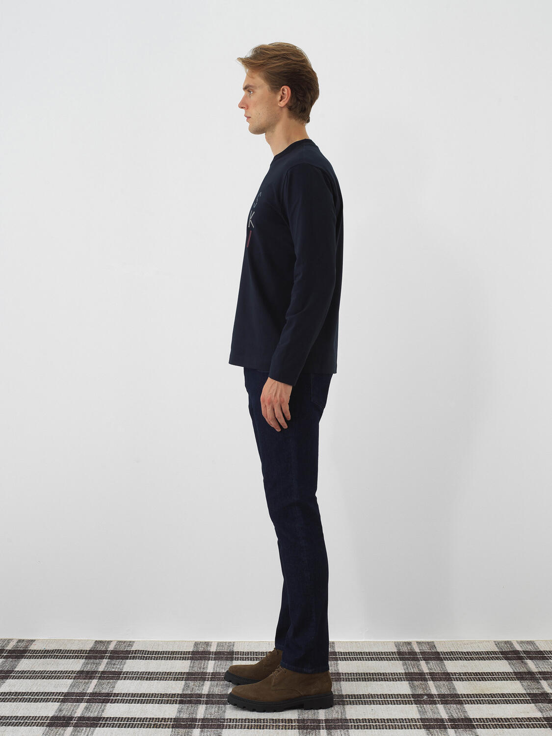 Navy Blue Cotton Textured Regular Fit Long Sleeve T-Shirt - 3