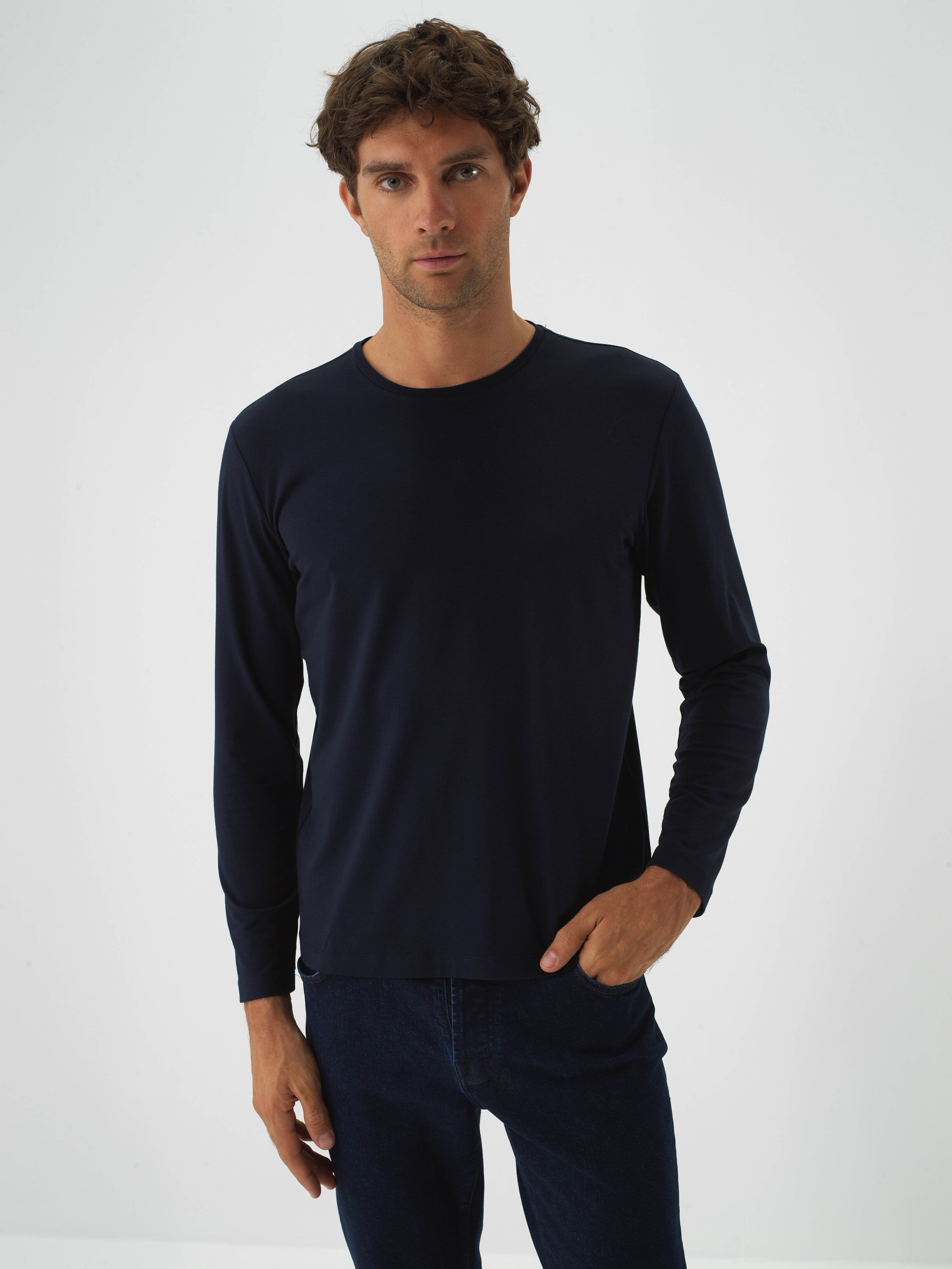 Navy Blue Modal Textured Slim Fit Long Sleeve T-Shirt - Xint