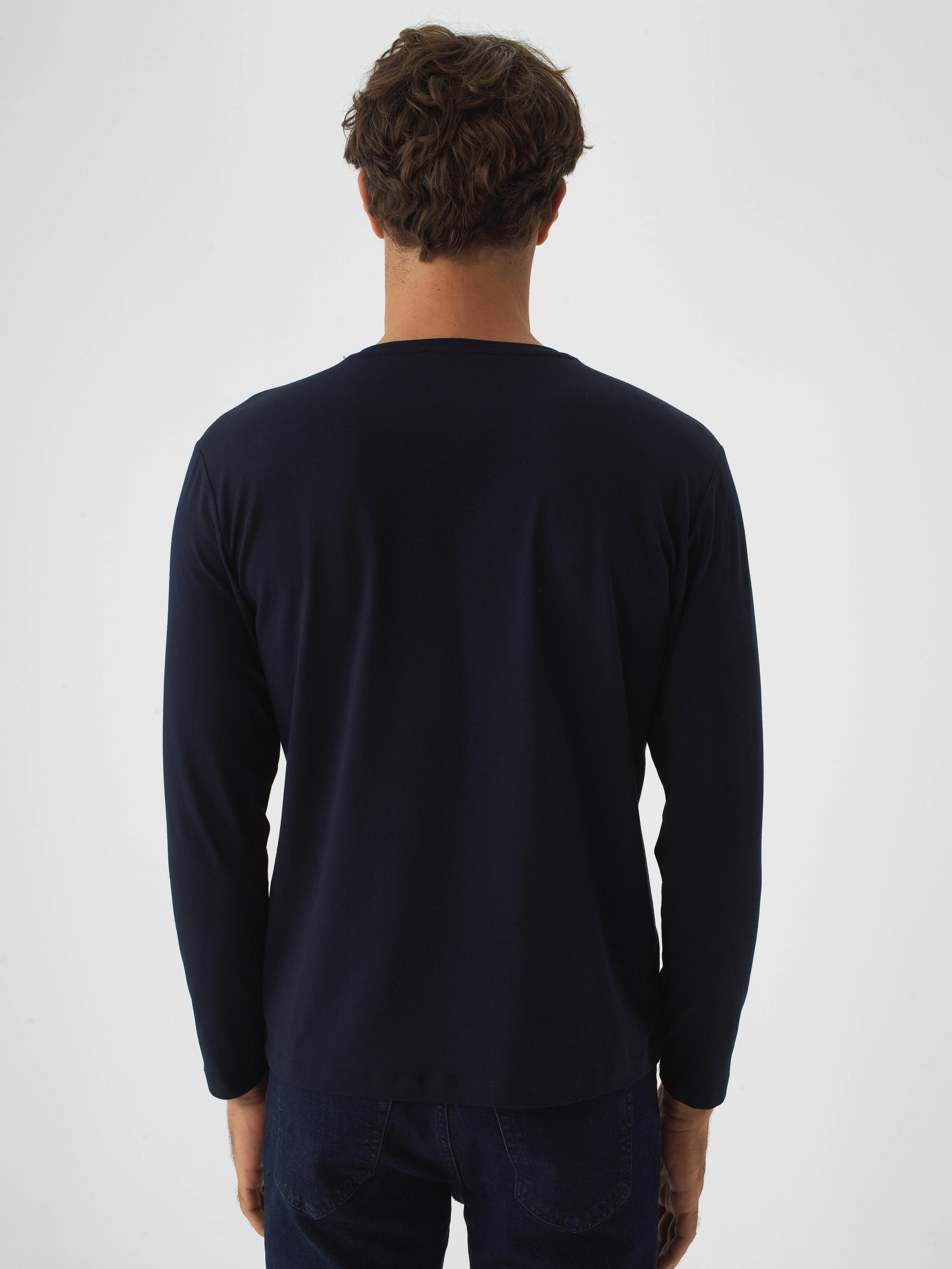 Navy Blue Modal Textured Slim Fit Long Sleeve T-Shirt - 4