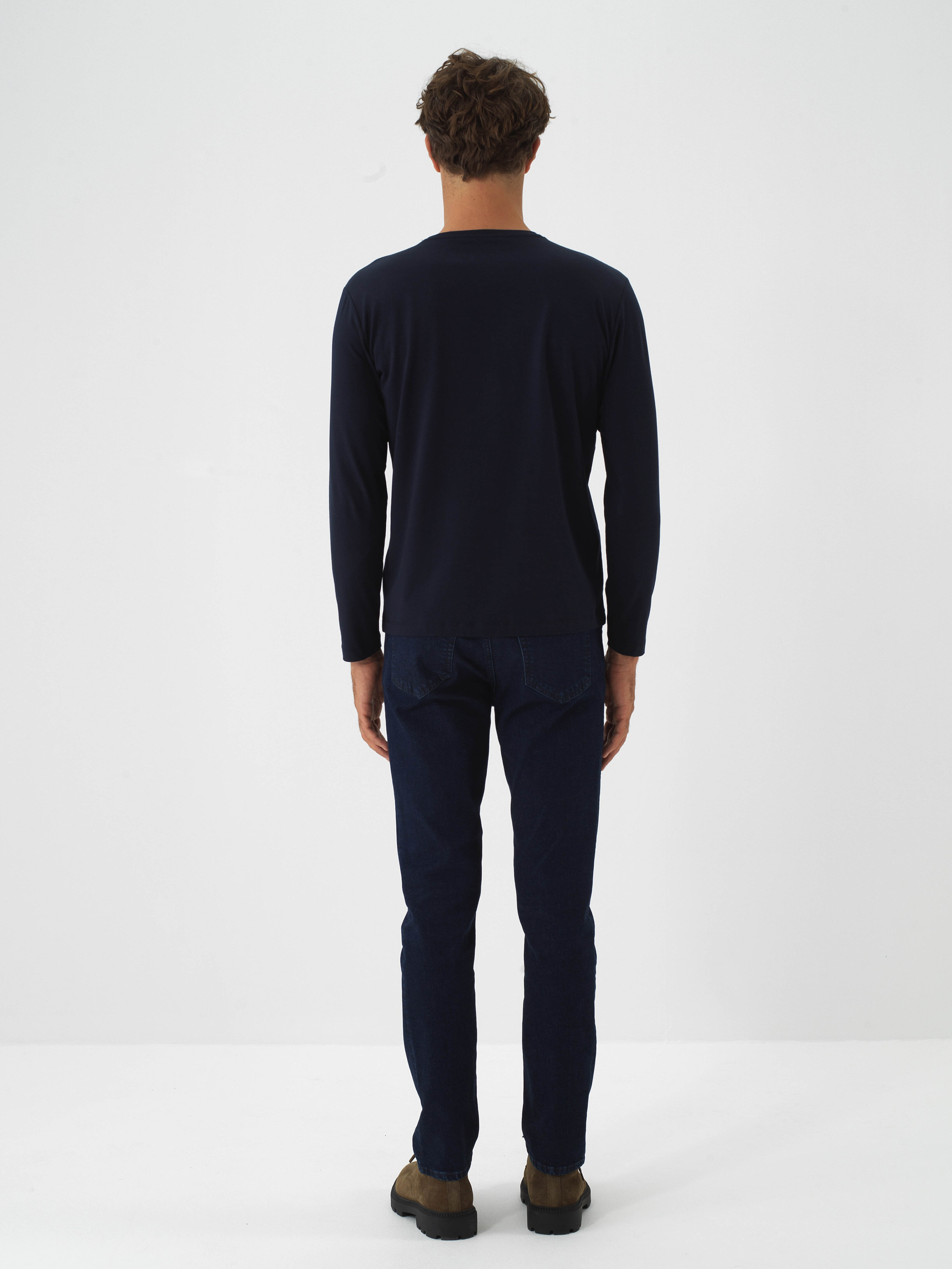 Navy Blue Modal Textured Slim Fit Long Sleeve T-Shirt - Xint