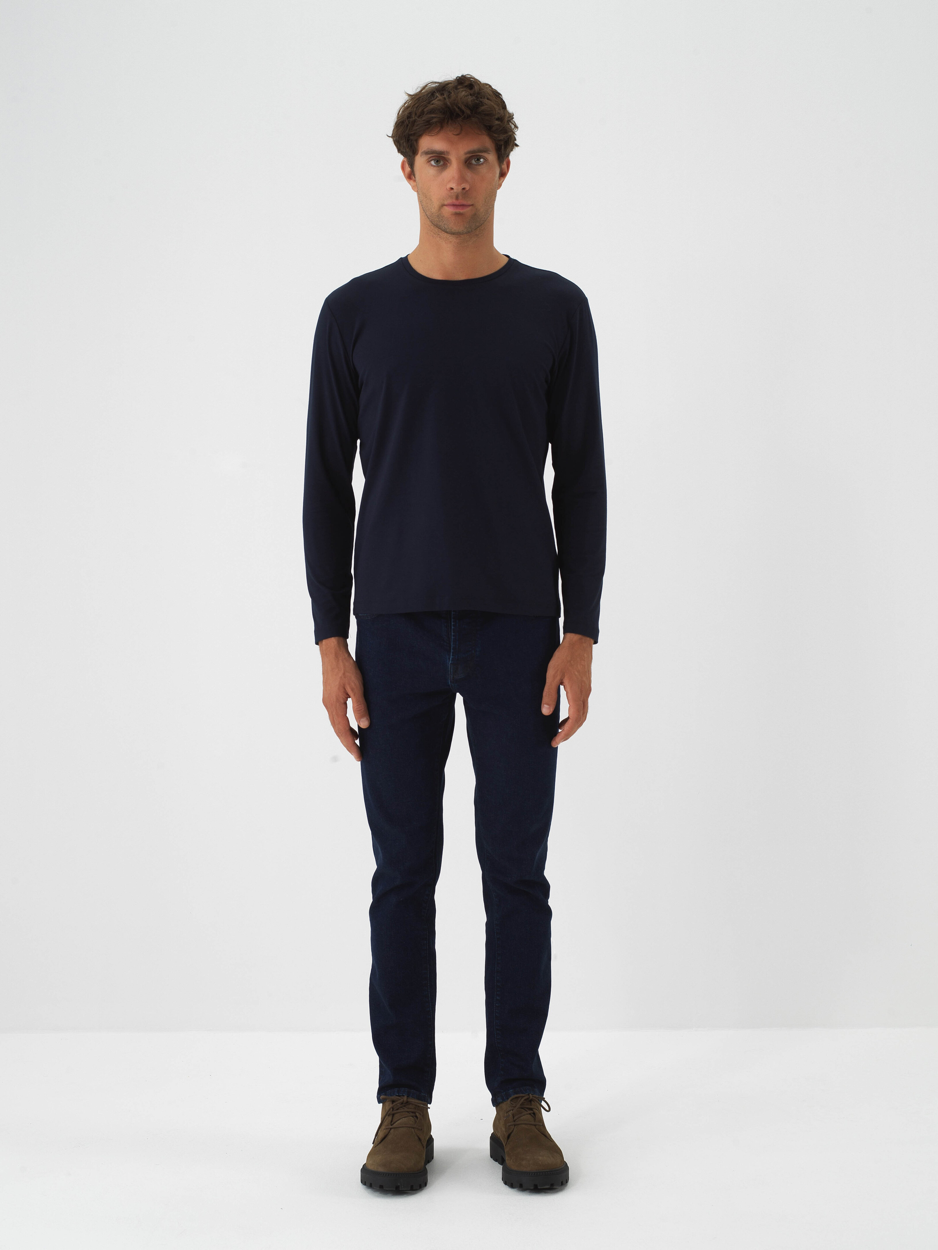 Navy Blue Modal Textured Slim Fit Long Sleeve T-Shirt - Xint