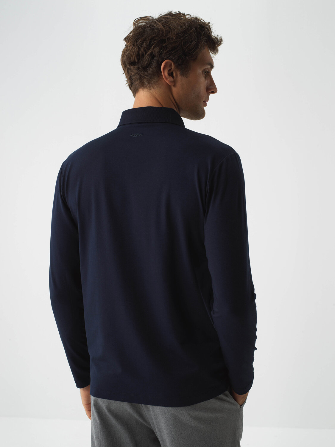 Navy Blue Modal Textured Slim Fit Long Sleeve T-Shirt - Xint